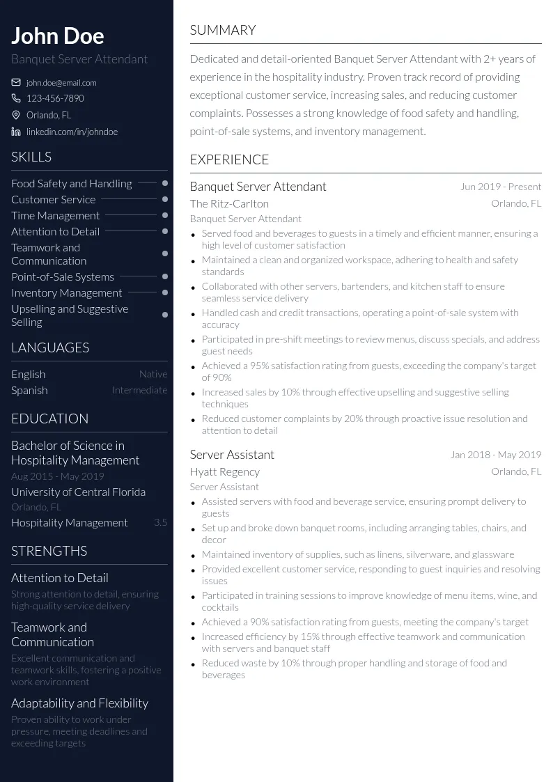 Banquet Server Attendant resume example