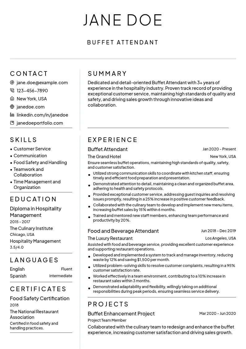 Buffet Attendant resume example
