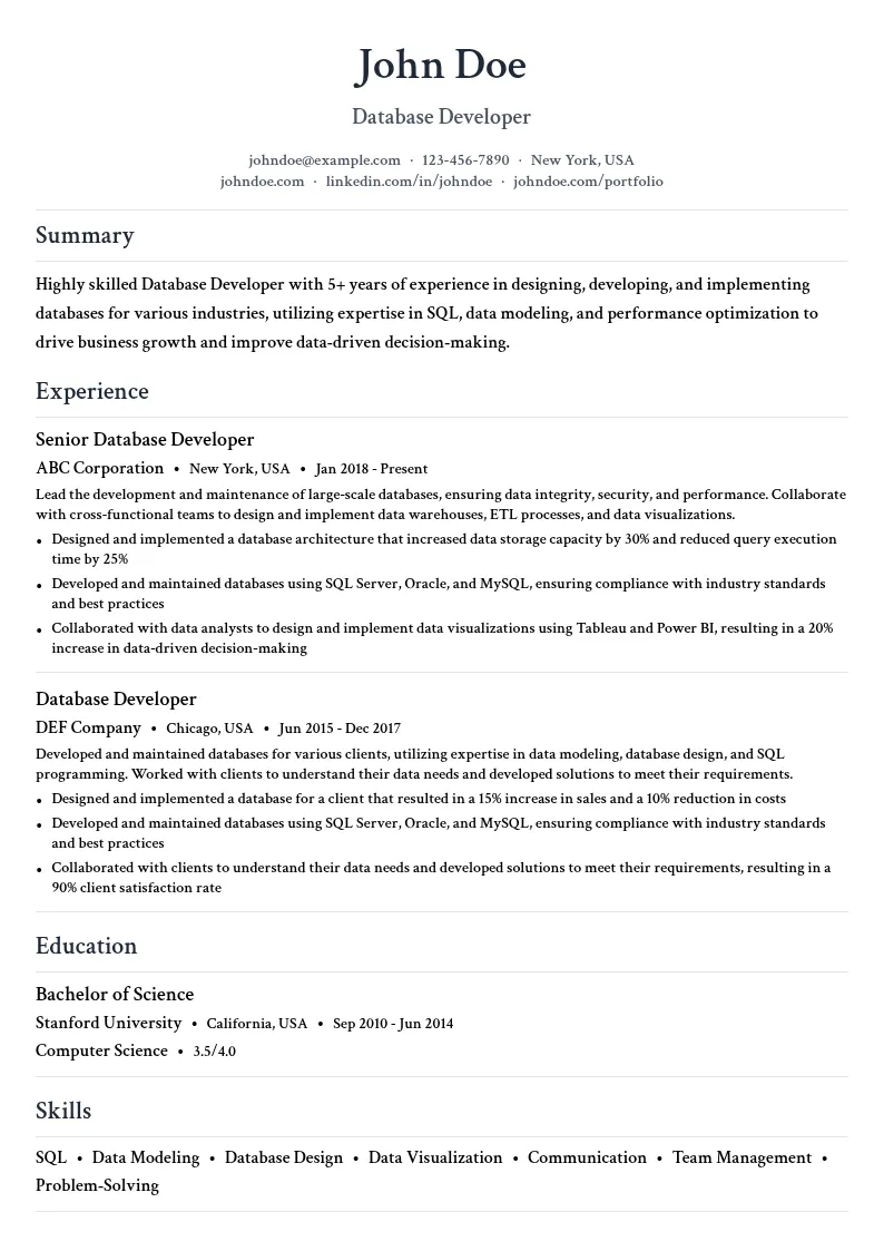 Database Developer resume example