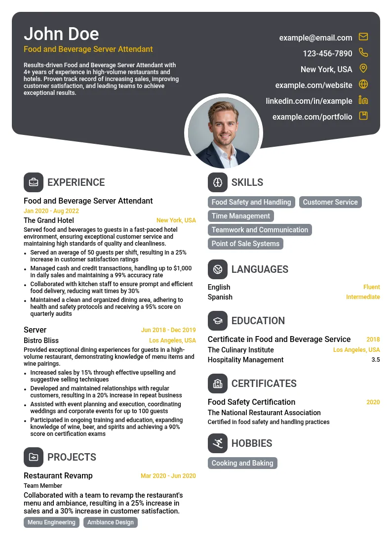 Food and Beverage Server Attendant resume example