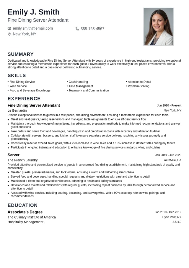 Fine Dining Server Attendant resume example