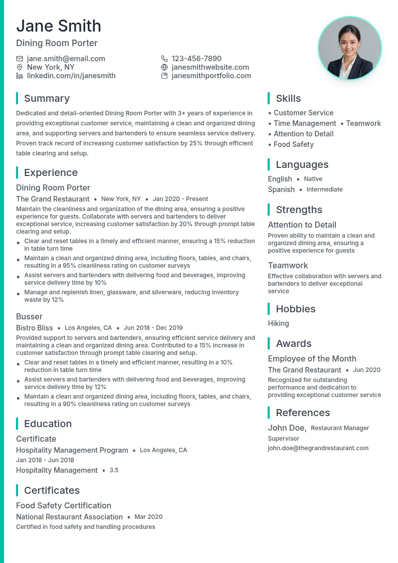 Dining Room Porter resume example