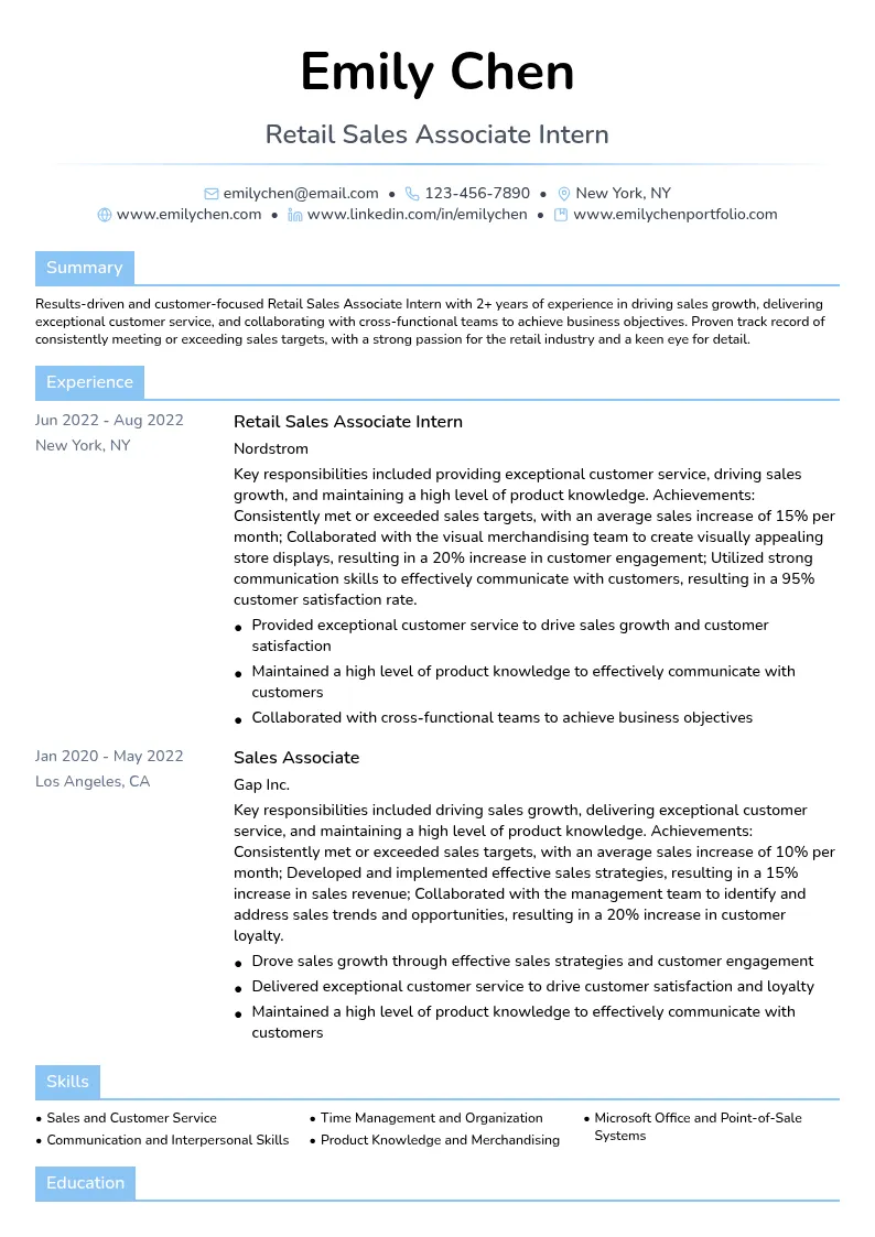 Retail Sales Associate Intern resume example