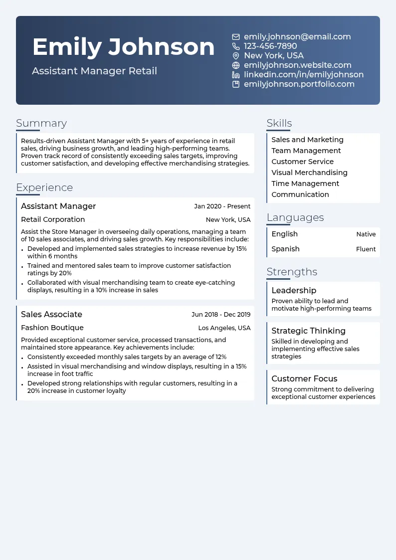 Assistant Manager Retail resume example