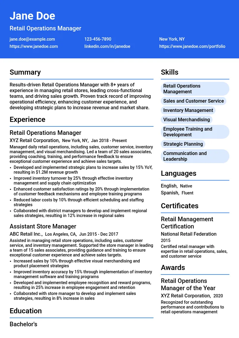 Retail Operations Manager resume example