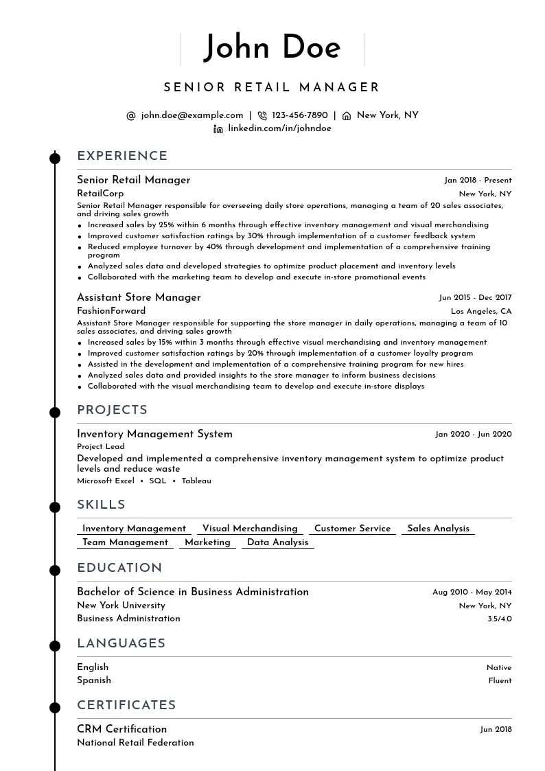 Senior Retail Manager resume example