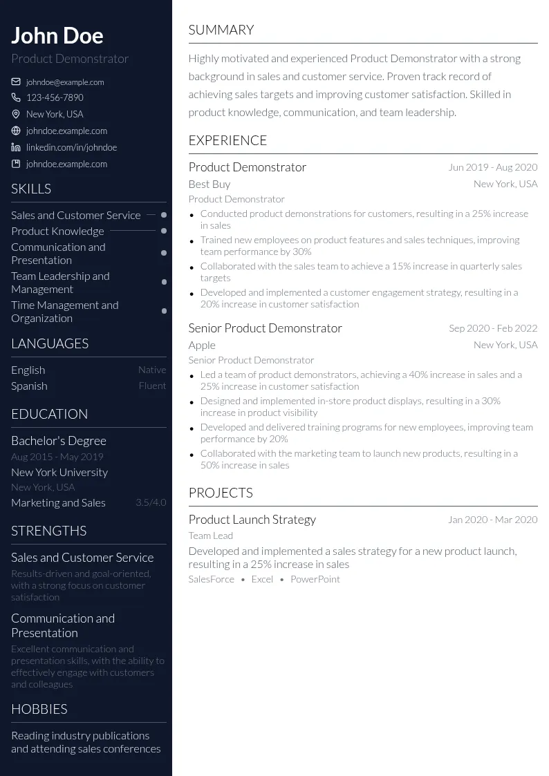 Product Demonstrator resume example