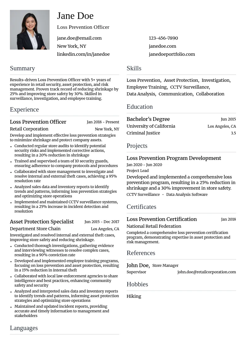 Loss Prevention Officer resume example