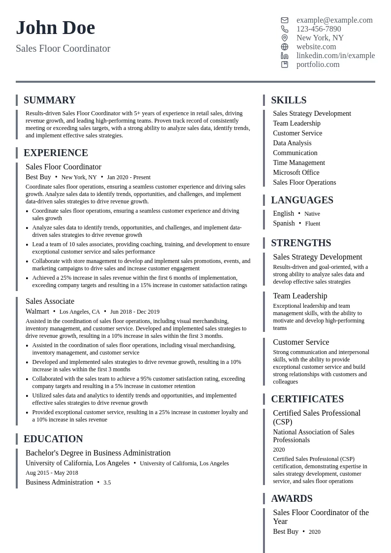 Sales Floor Coordinator resume example