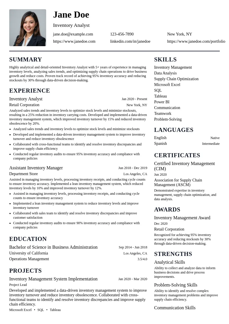 Inventory Analyst resume example