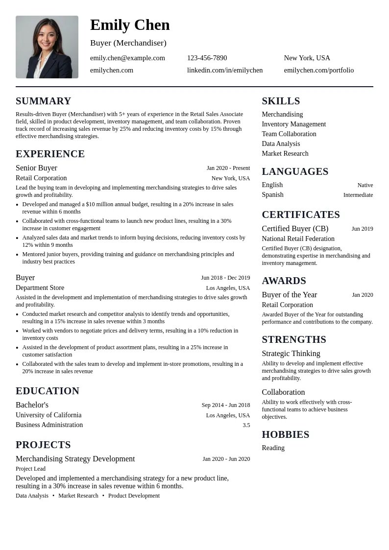 Buyer (Merchandiser) resume example