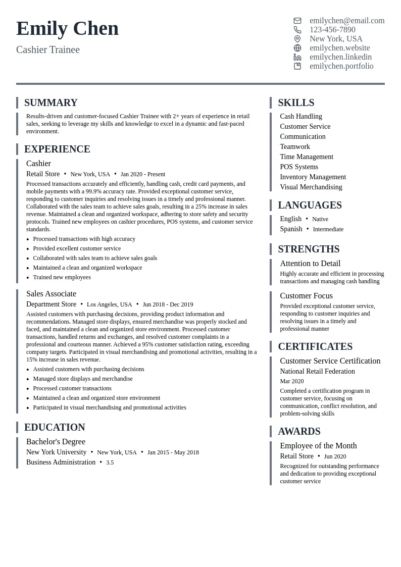 Cashier Trainee resume example