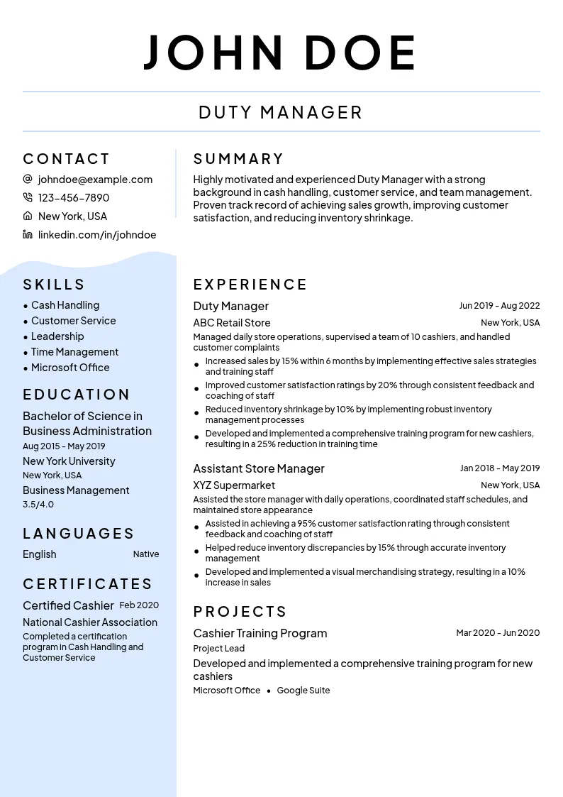 Duty Manager resume example