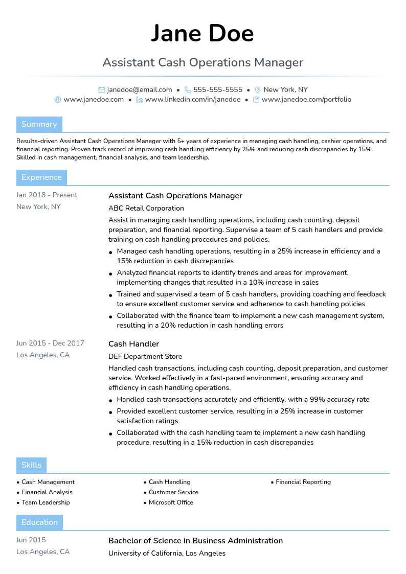 Assistant Cash Operations Manager resume example