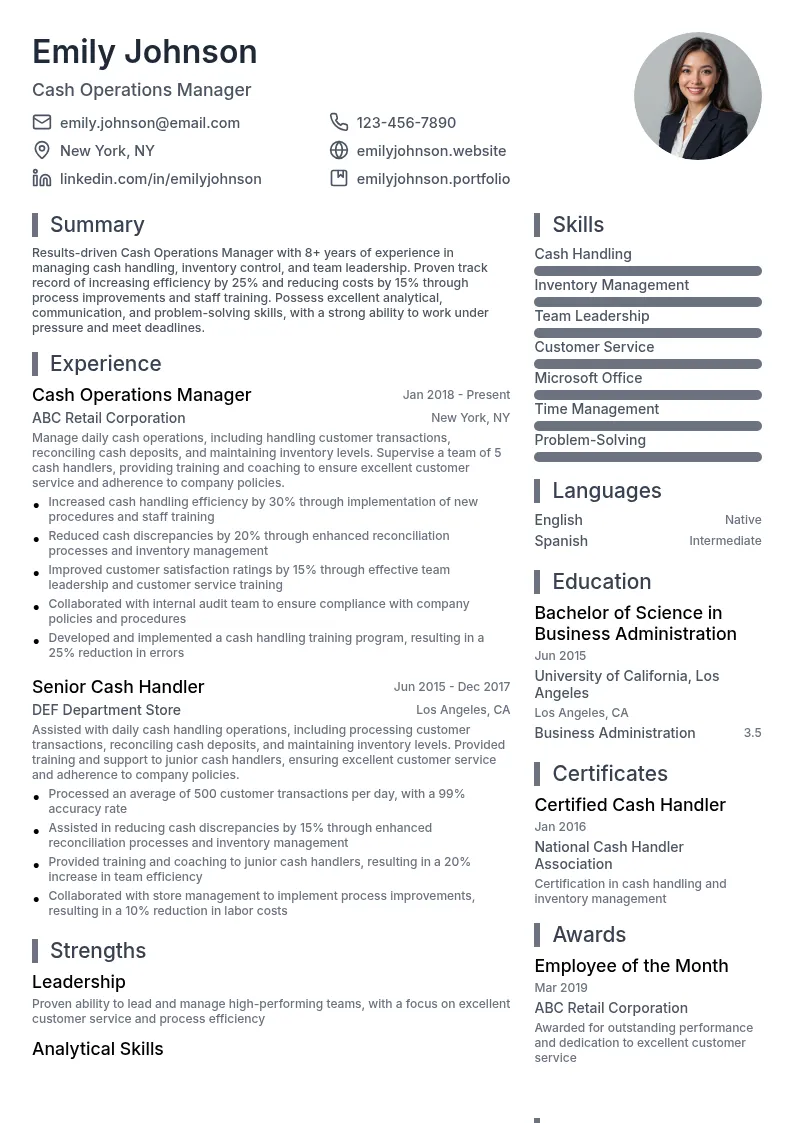 Cash Operations Manager resume example