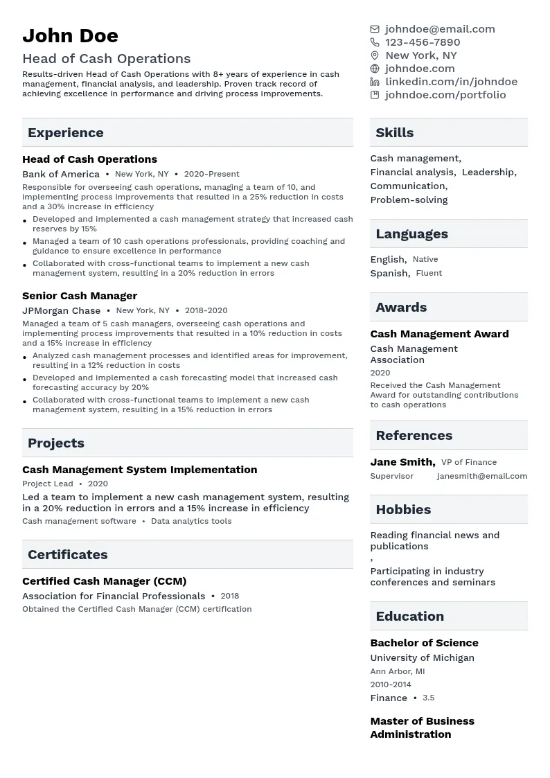 Head of Cash Operations resume example