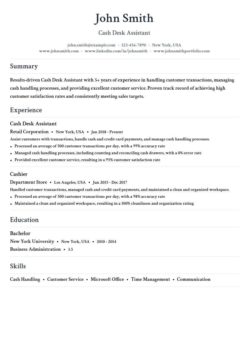 Cash Desk Assistant resume example
