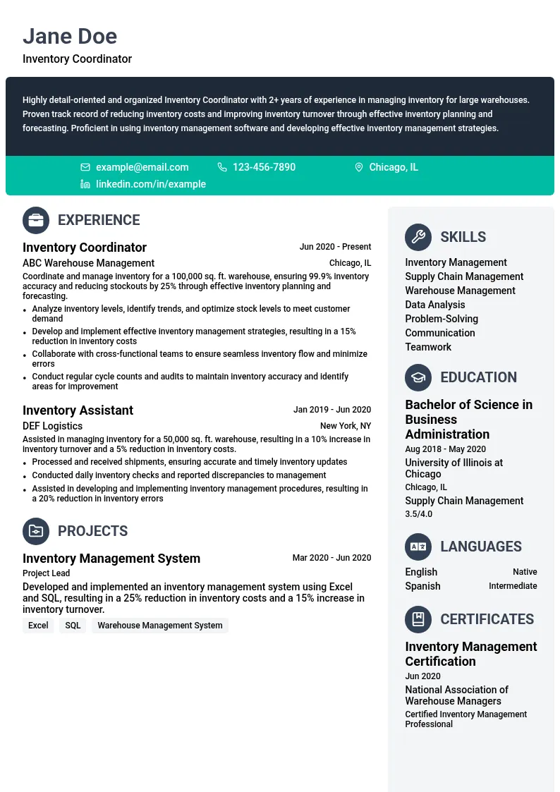 Inventory Coordinator resume example