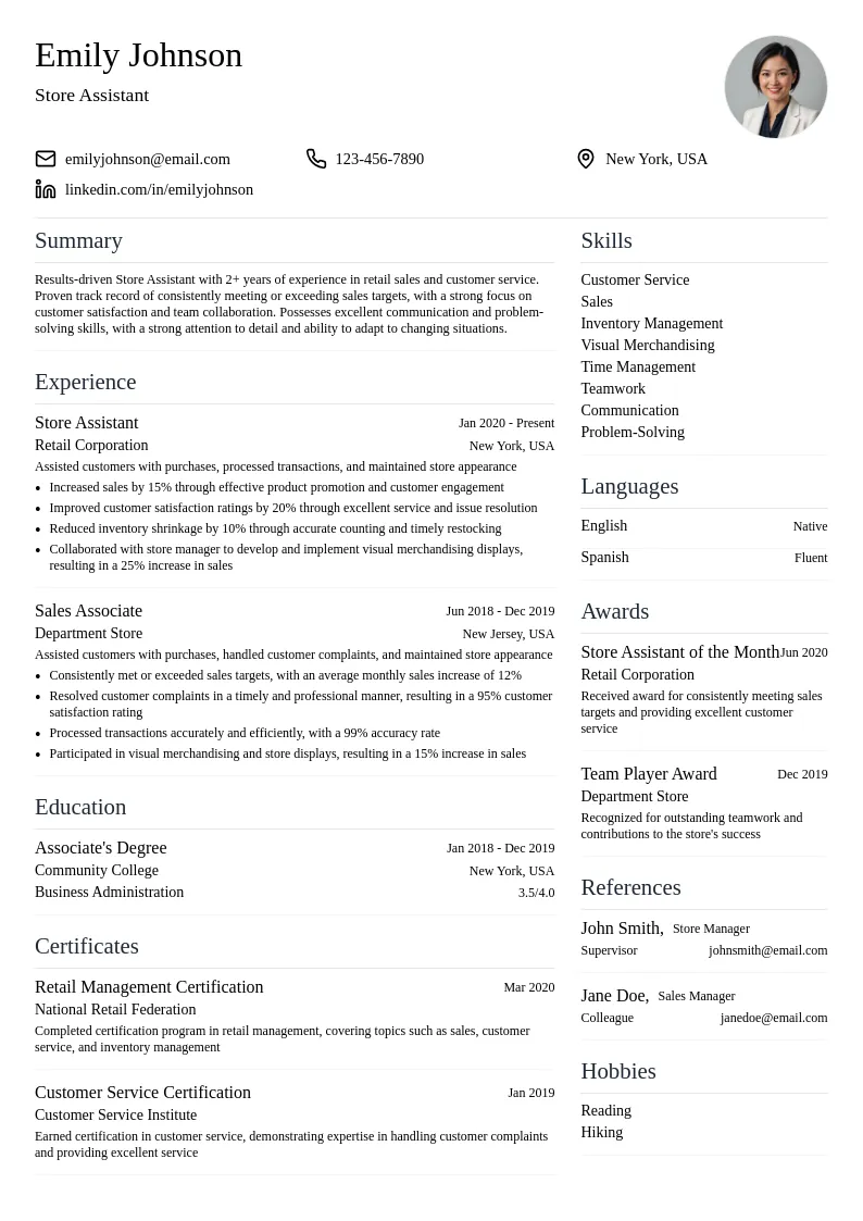 Store Assistant resume example