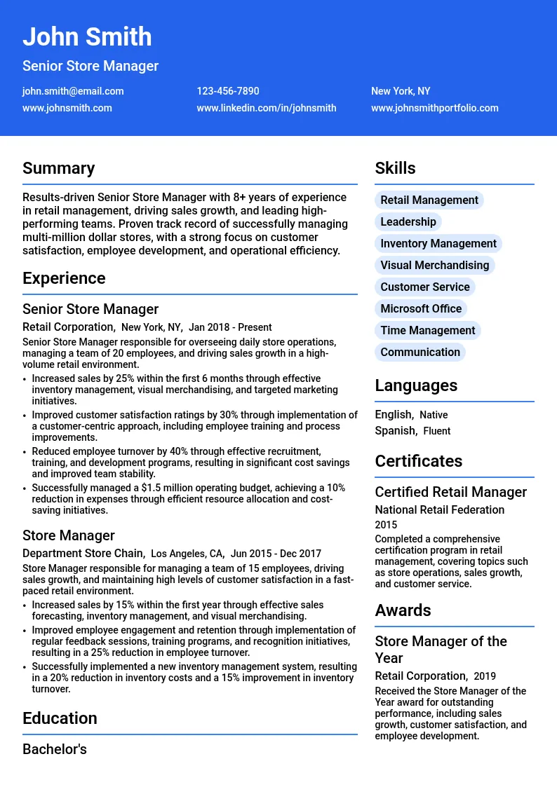 Senior Store Manager resume example