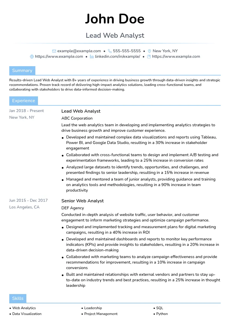 Lead Web Analyst resume example