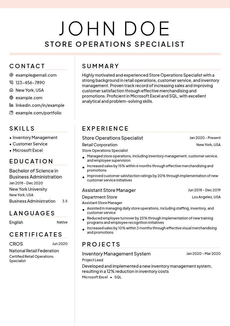 Store Operations Specialist resume example