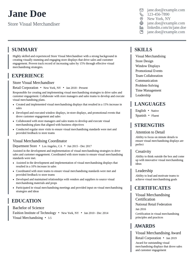 Store Visual Merchandiser resume example