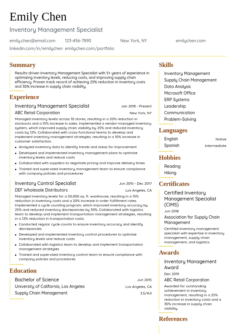Inventory Management Specialist resume example