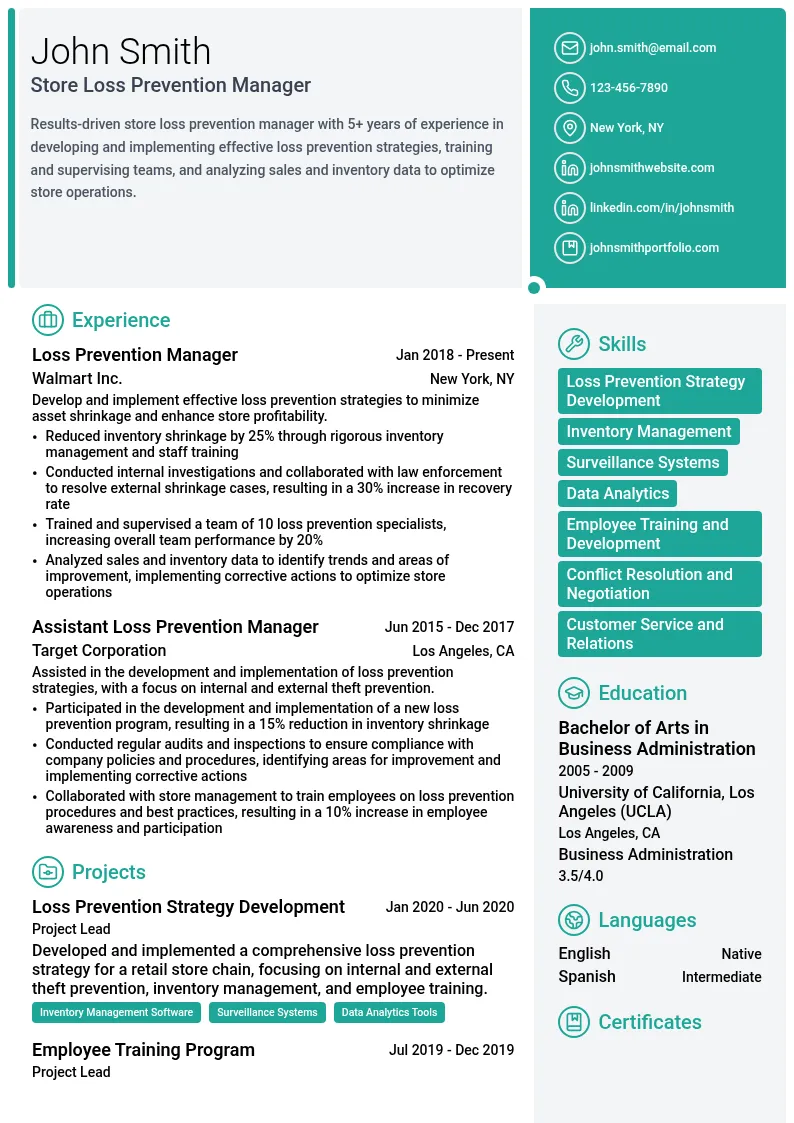 Store Loss Prevention Manager resume example