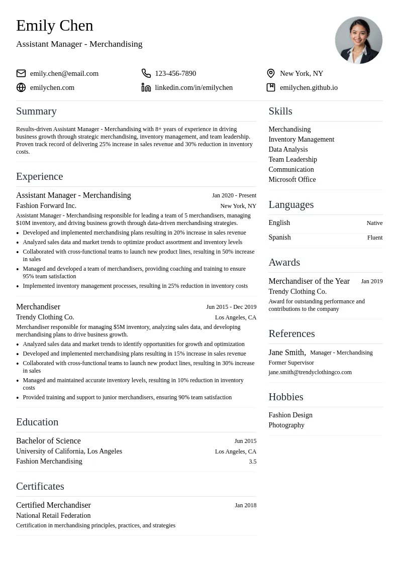 Assistant Manager - Merchandising resume example