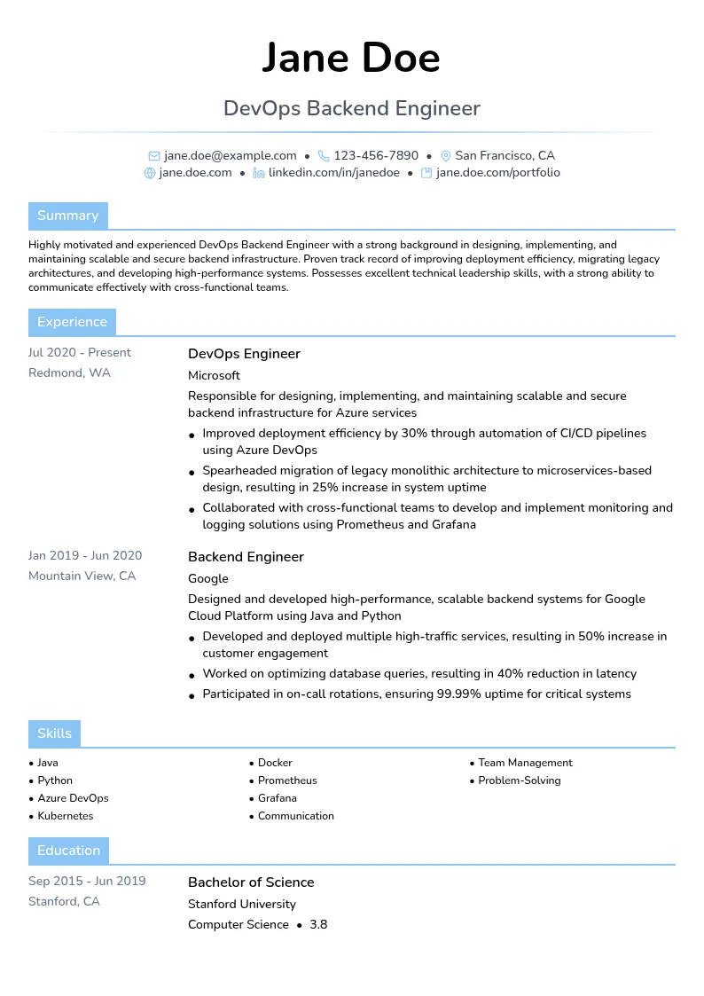DevOps Backend resume example
