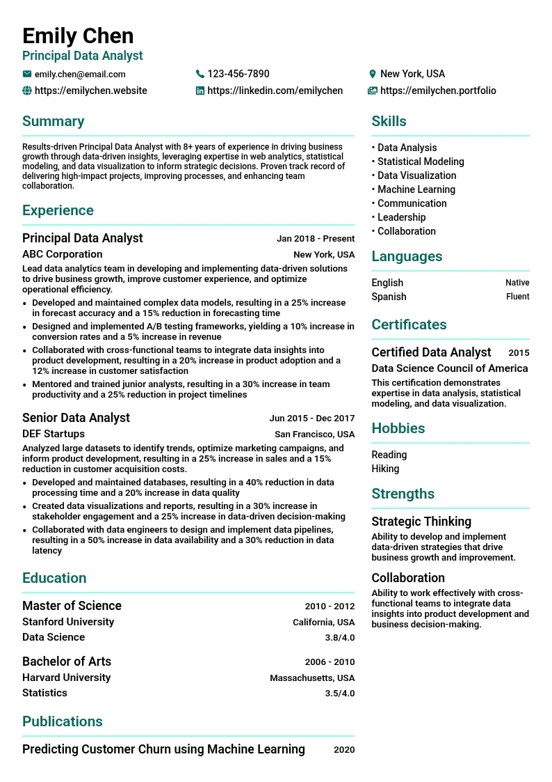 Principal Data Analyst resume example