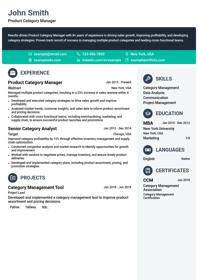 Product Category Manager resume example