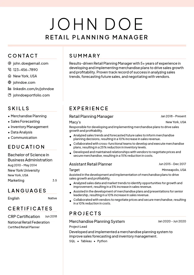 Retail Planning Manager resume example