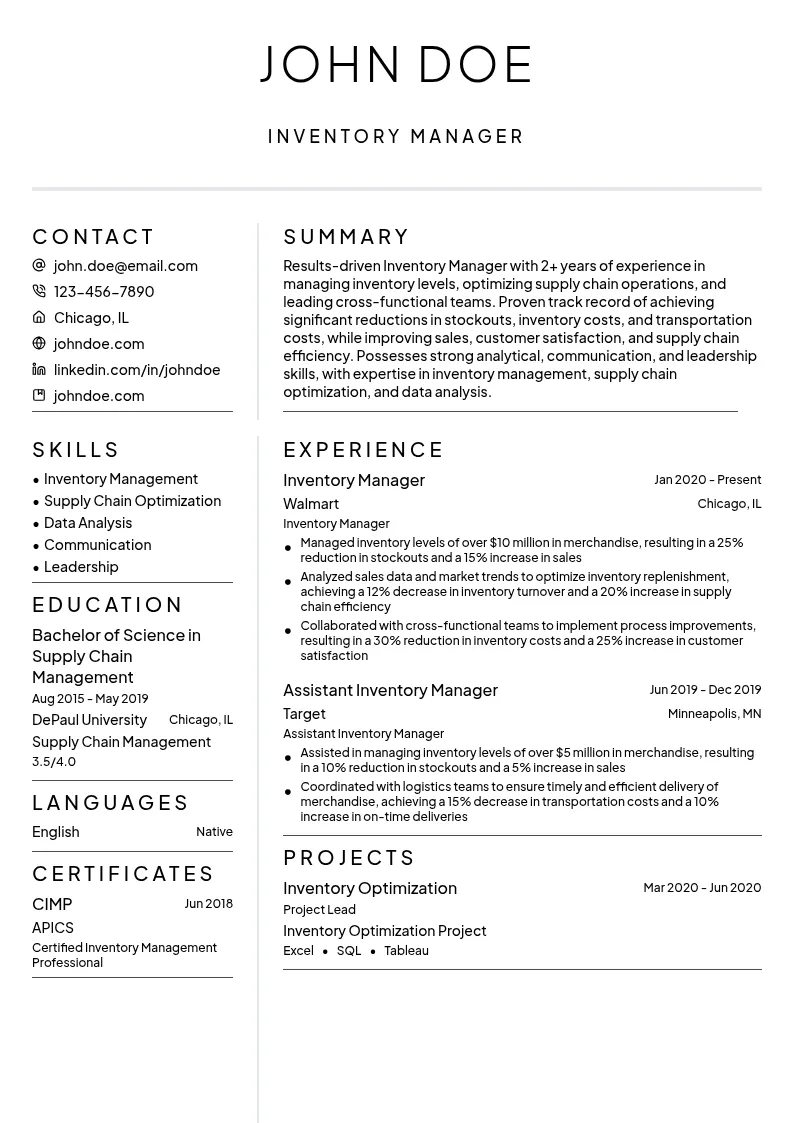 Inventory Manager resume example