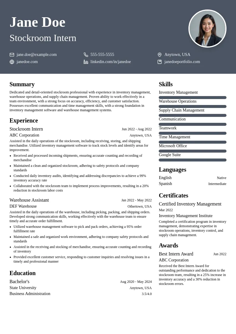 Stockroom Intern resume example