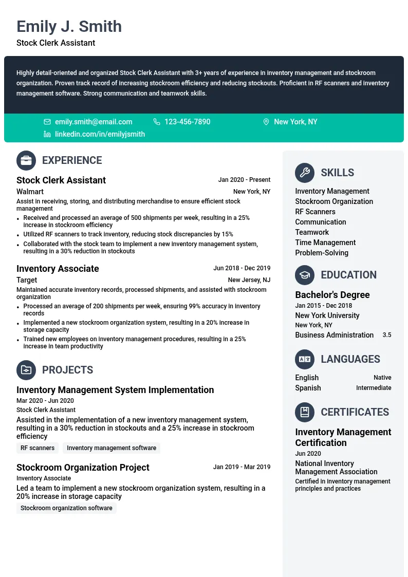 Stock Clerk Assistant resume example