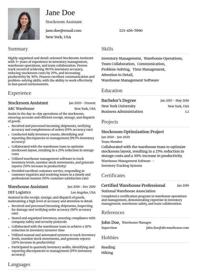 Stockroom Assistant resume example