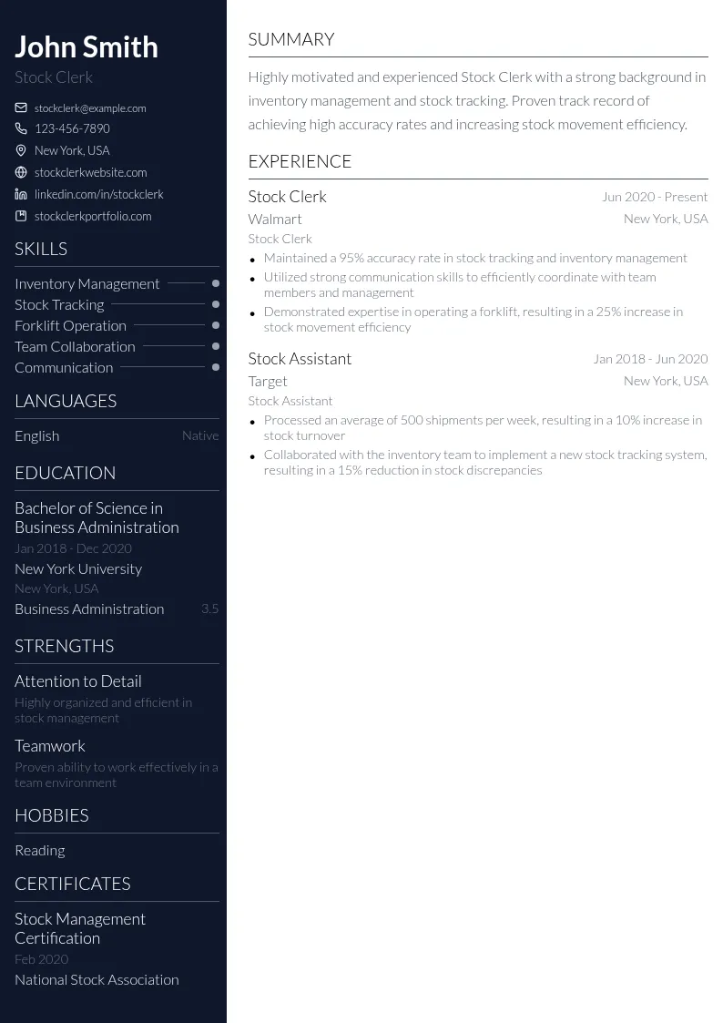 Stock Clerk resume example