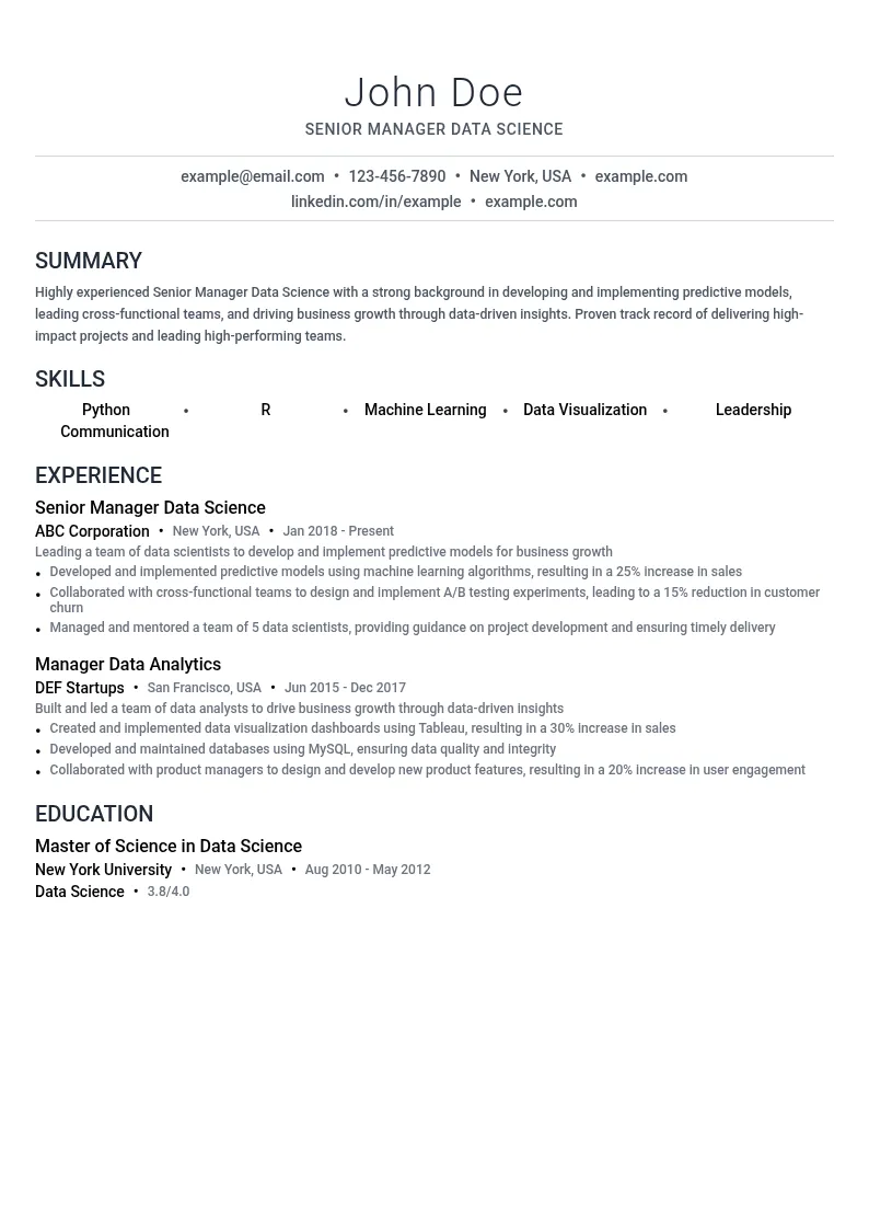 Senior Manager Data Science resume example