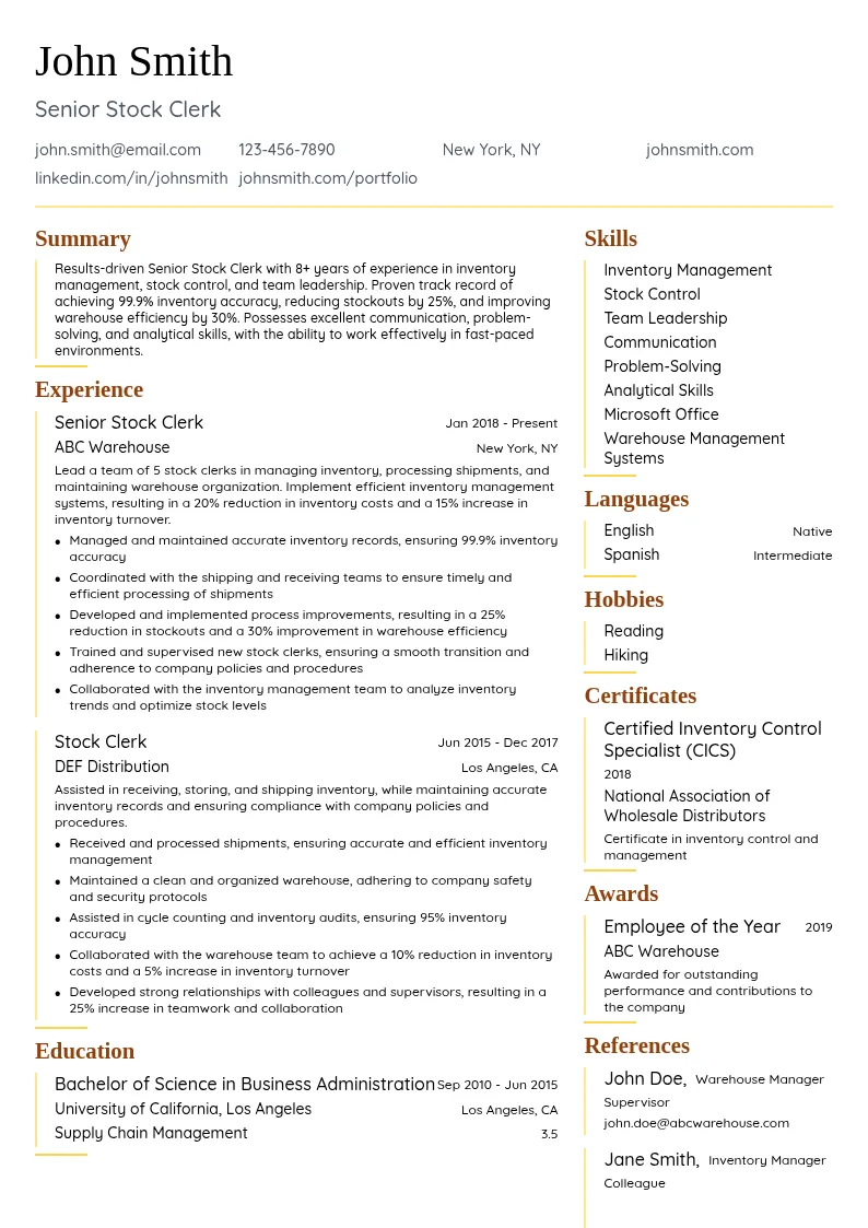 Senior Stock Clerk resume example
