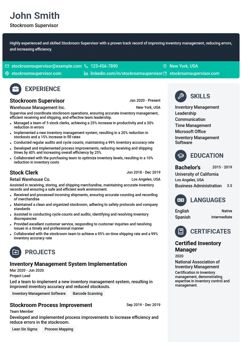 Stockroom Supervisor resume example