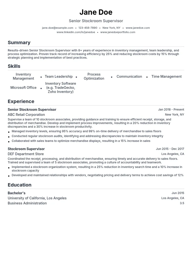 Senior Stockroom Supervisor resume example