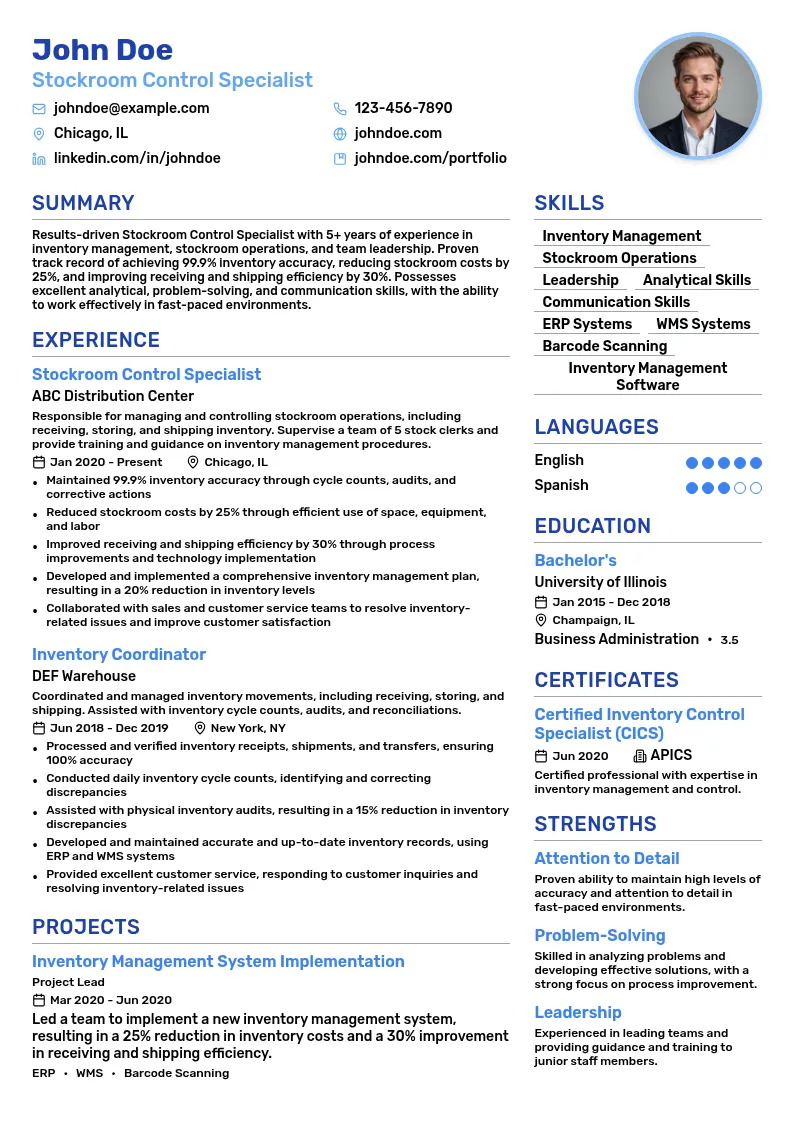 Stockroom Control Specialist resume example
