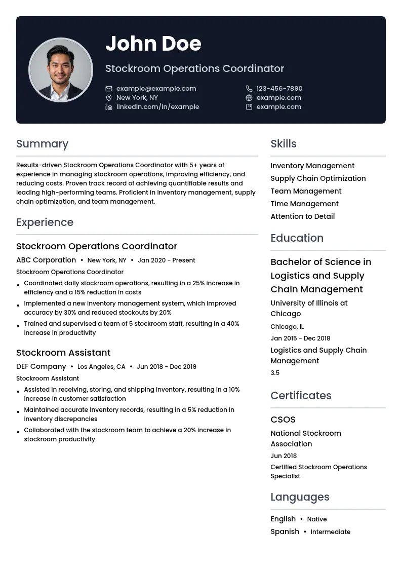 Stockroom Operations Coordinator resume example