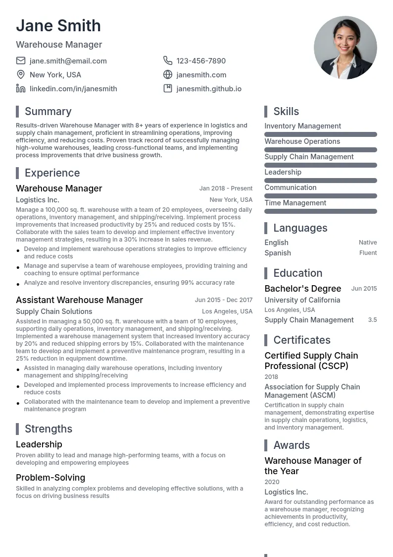 Warehouse Manager resume example