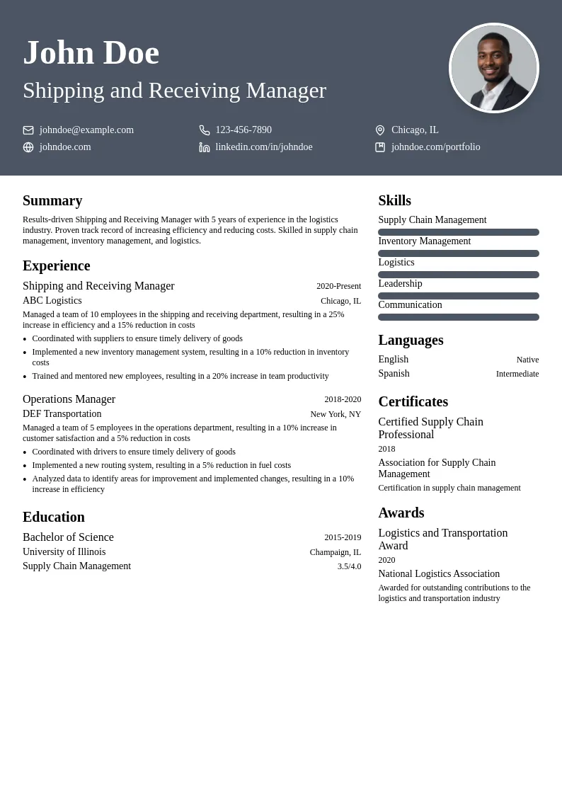 Shipping and Receiving Manager resume example