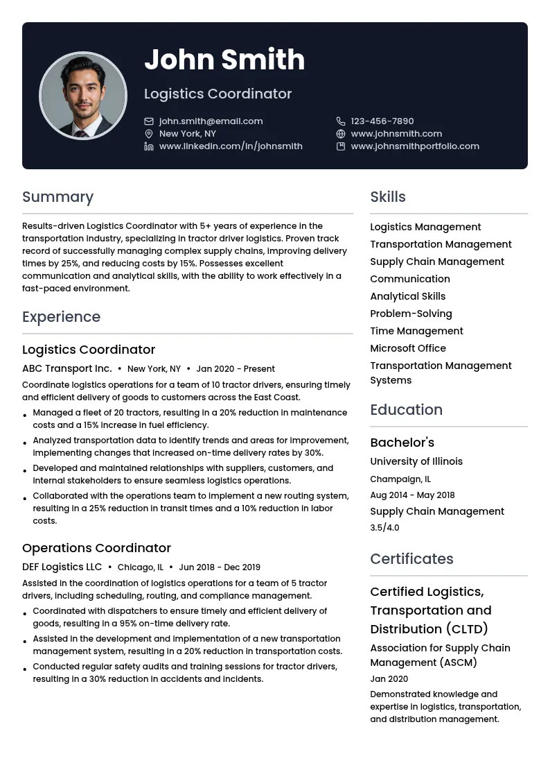 Logistics Coordinator resume example