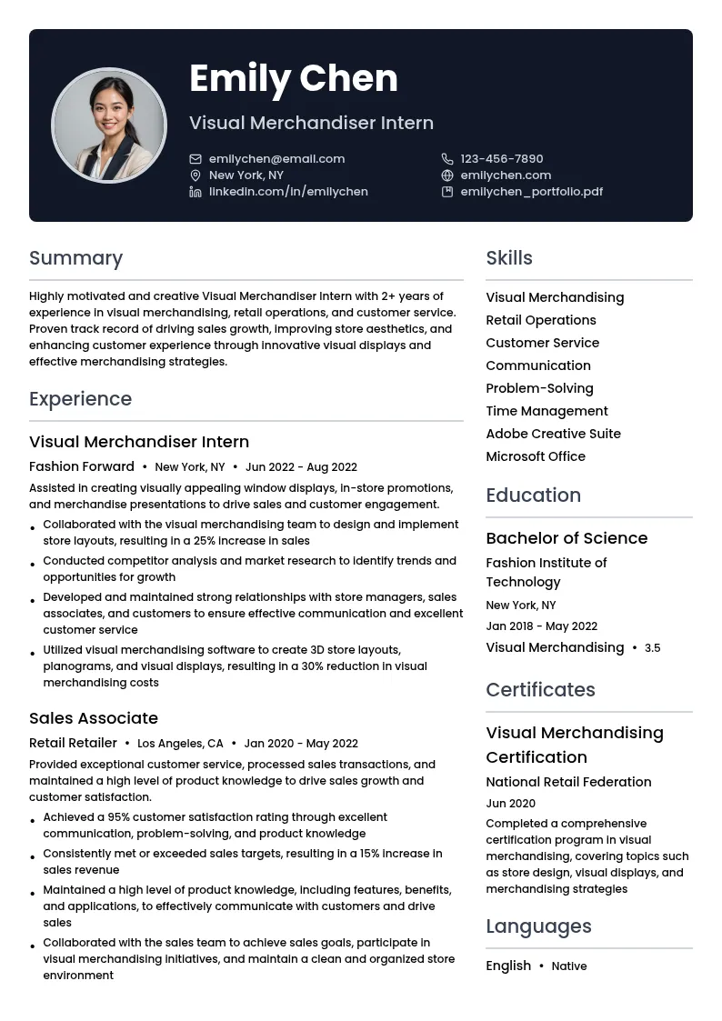 Visual Merchandiser Intern resume example