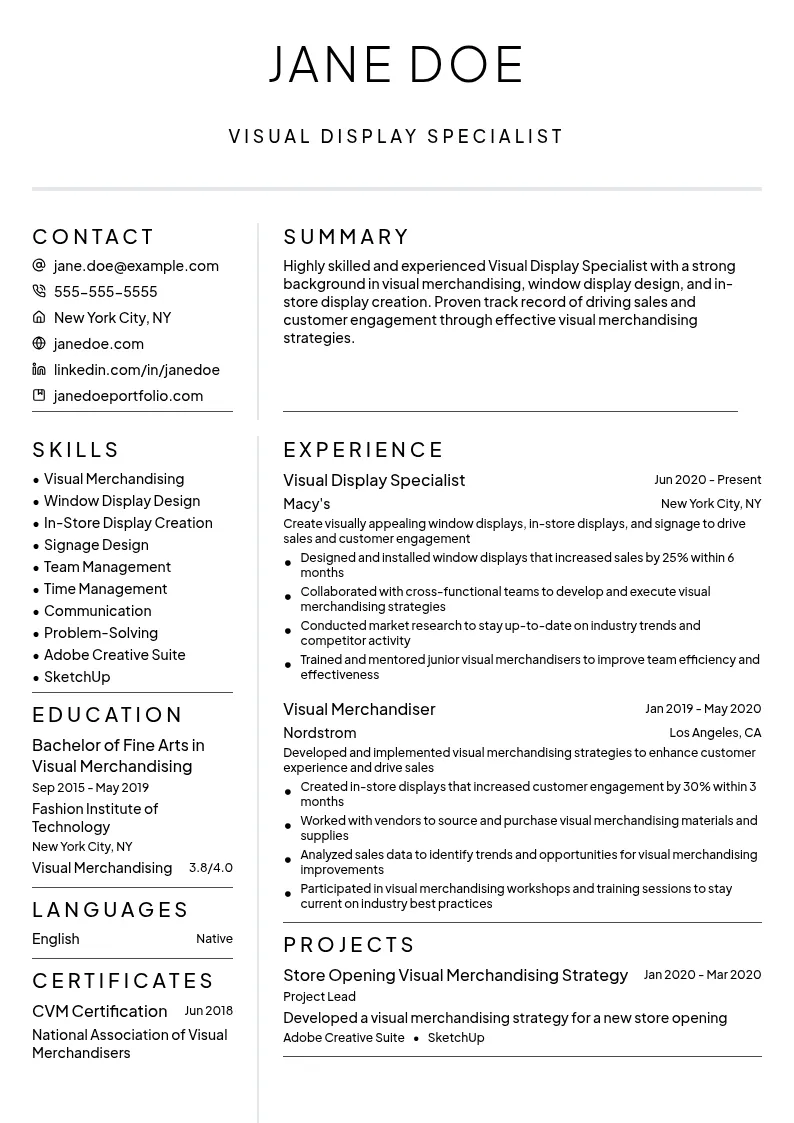 Visual Display Specialist resume example